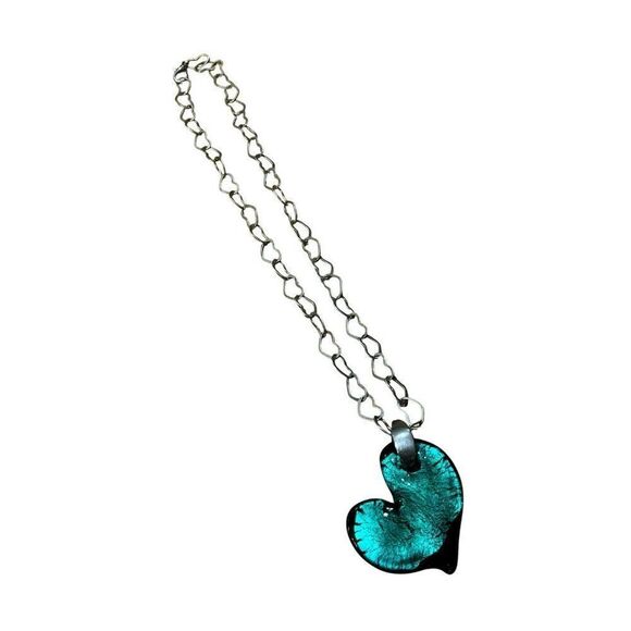 Murano Glass Italy Green Glass Heart Pendant Necklace Silver Tone Heart Chain - Picture 4 of 6